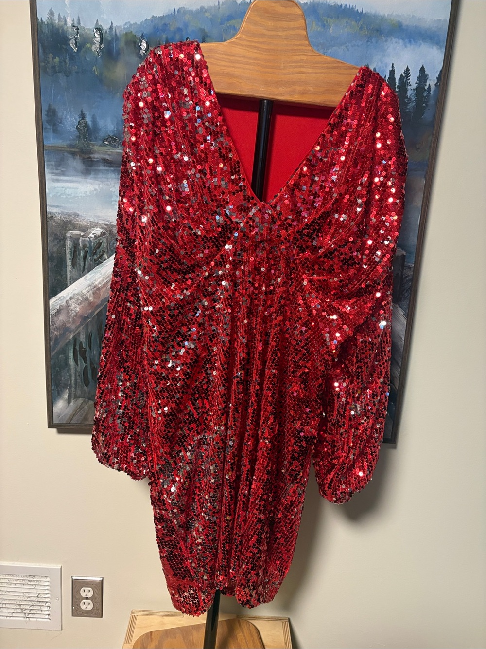 SHEIN Red Sequin Long Sleeve V-Neck Party Dress